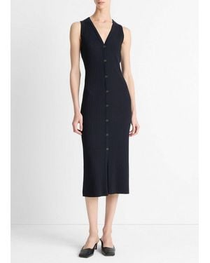 Vince Ribbed Cotton-Blend Button-Front Dress - Blue