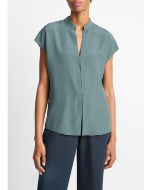 Vince Contrast-Placket Stretch-Silk Cap-Sleeve Blouse - Blue