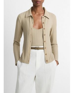 Vince Ribbed Collared Long-Sleeve Button-Front Top - Natural