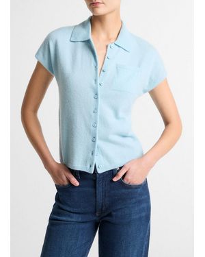 Vince Cashmere-Silk Short-Sleeve Polo Sweater - Blue