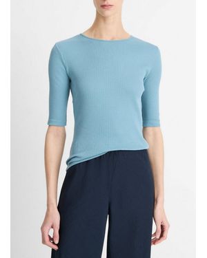 Vince Ribbed Pima Cotton Elbow-Sleeve T-Shirt - Blue