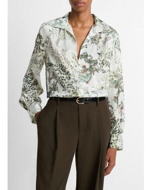 Vince Smocked Grape Vine Silk Long-Sleeve Blouse - Gray