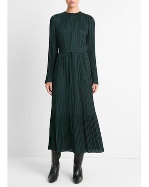 Vince Pleated Satin Long-Sleeve Dress - Green