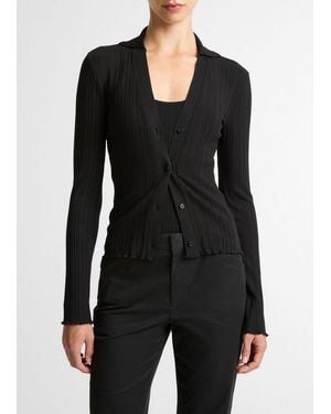 Vince Variegated-Rib Cotton-Blend Polo Top - Black