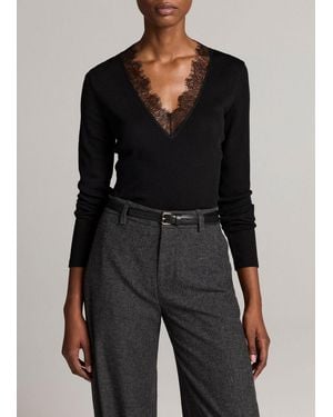 Vince Lace-Trim Ribbed Long-Sleeve V-Neck Top - Black