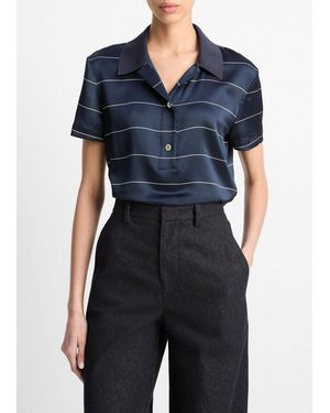 Vince Knit-Collar Striped Silk Polo Shirt - Blue