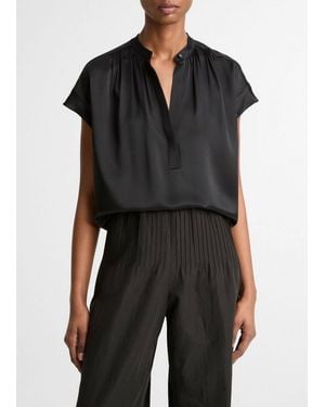 Vince Silk Gathered Cap-Sleeve Blouse - Black
