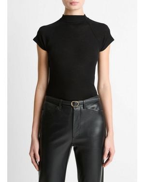 Vince Wool Raglan Cap-Sleeve Mock-Neck Top - Black