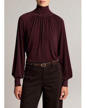 Vince Rib-Trim Gathered Long-Sleeve Turtleneck Top - Purple