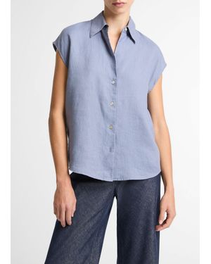 Vince Linen Cap-Sleeve Button-Front Blouse - Blue