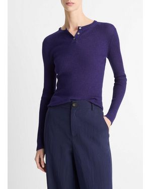Vince Ribbed Cashmere-Silk Henley Sweater - Blue