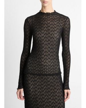 Vince Cotton-Blend Diamond Lace Mock-Neck Long-Sleeve Top - Black