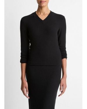 Vince Cozy Rib High V-Neck Top - Black
