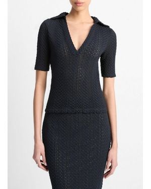 Vince Textural Cotton Elbow-Sleeve Polo Top - Black