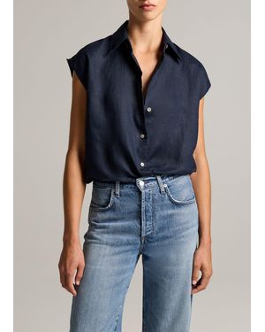 Vince Linen Cap-Sleeve Button-Front Blouse - Blue