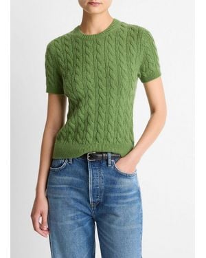 Vince Cable-Knit Wool & Cashmere-Blend Short-Sleeve Sweater - Green