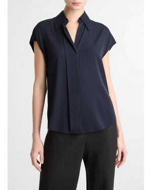 Vince Stretch-Silk Hidden-Placket Cap-Sleeve Blouse - Blue