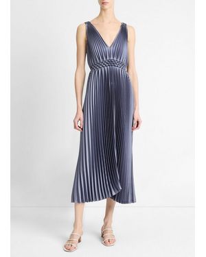 Vince Hand-Smocked Pleated Satin Dress - Blue