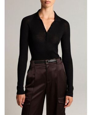 Vince Ribbed Italian Wool-Silk Polo Jumper - Black