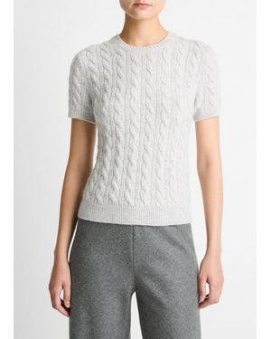 Vince Cable-Knit Wool & Cashmere-Blend Short-Sleeve Sweater - Gray