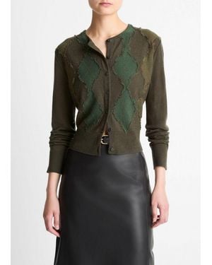 Vince Hand-Cut Argyle Wool-Blend Cardigan - Black