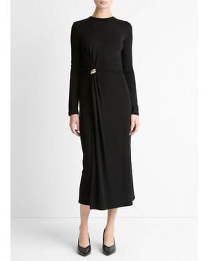 Vince Cinched-Waist Wool-Blend Long-Sleeve Dress - Black