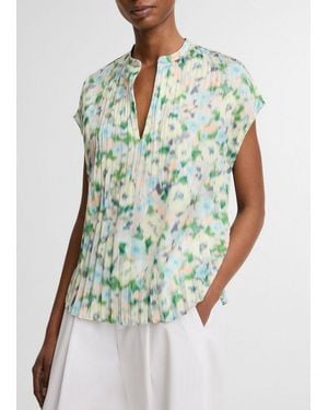Vince Painted Garden Pleated Cap-Sleeve Top - Green