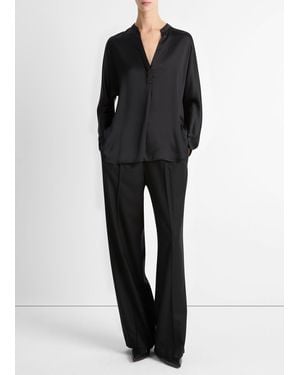 Vince Silk Satin Band-collar Blouse, Black, Size L
