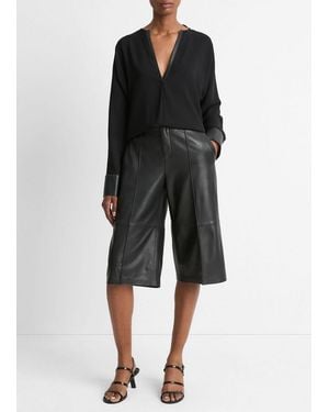 Vince Faux Leather-Trim Dolman-Sleeve Blouse - Black
