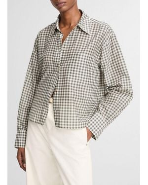 Vince Gingham Cotton-Silk Cropped Button-Front Shirt - White