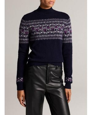 Vince Floral Fair Isle Cashmere Mock-Neck Jumper - Blue