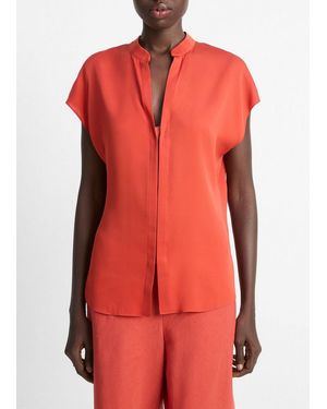 Vince Contrast-Placket Stretch-Silk Cap-Sleeve Blouse - Red