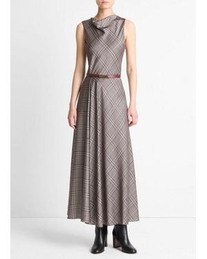 Vince Pressed Plaid Satin Cowl-Neck Dress - Brown