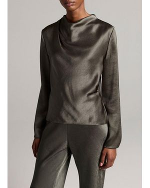 Vince Satin Draped Cowl-Neck Long-Sleeve Top - Gray