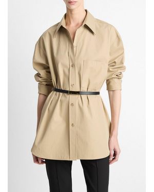 Vince Faux-Leather-Trim Italian Cotton Oversized Button-Front Shirt - Natural
