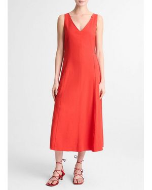 Vince Linen-Blend V-Neck Dress - Red