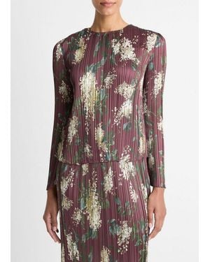 Vince Lilac-Print Micro-Pleated Satin Top - Red
