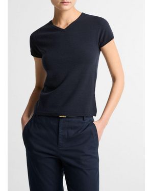 Vince Wool & Cashmere-Blend High V-Neck Short-Sleeve Jumper - Blue