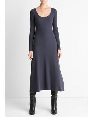 Vince Ribbed Cotton-Blend Scoop-Neck Dress - Blue