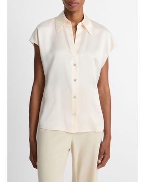 Vince Silk Cap-sleeve Ruched-back Blouse, Beige, Size Xs - White