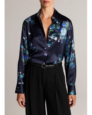 Vince Midnight Garden Silk Relaxed Button-Front Shirt - Blue