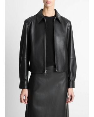 Vince Leather Cropped Zip-Front Jacket - Black