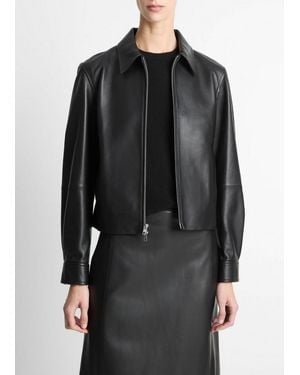 Vince Leather Cropped Zip-Front Jacket - Black