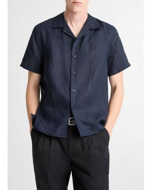 Vince Eyelet Stripe Linen Cabana Shirt - Blue