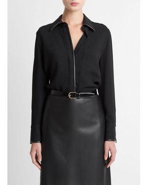 Vince Faux-Leather-Trim Crepe Button-Front Shirt - Black