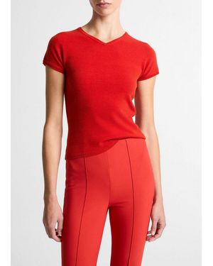 Vince Wool & Cashmere-Blend High V-Neck Short-Sleeve Jumper - Red