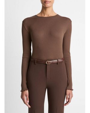 Vince Ruffled-Edge Pima Cotton Long-Sleeve T-Shirt - Brown
