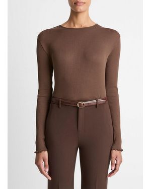 Vince Ruffled-Edge Pima Cotton Long-Sleeve T-Shirt - Brown