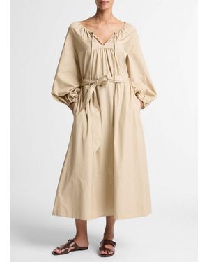 Vince Shirred Cotton Belted Tie-Neck Dress - Natural