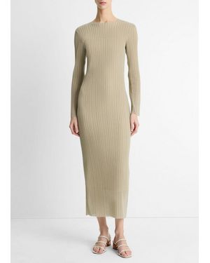 Vince Pleated Long-Sleeve Crew Neck Dress - Natural